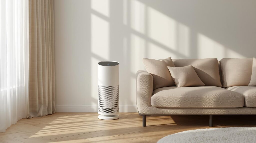 Modern air purifier in a living room improving indoor air quality