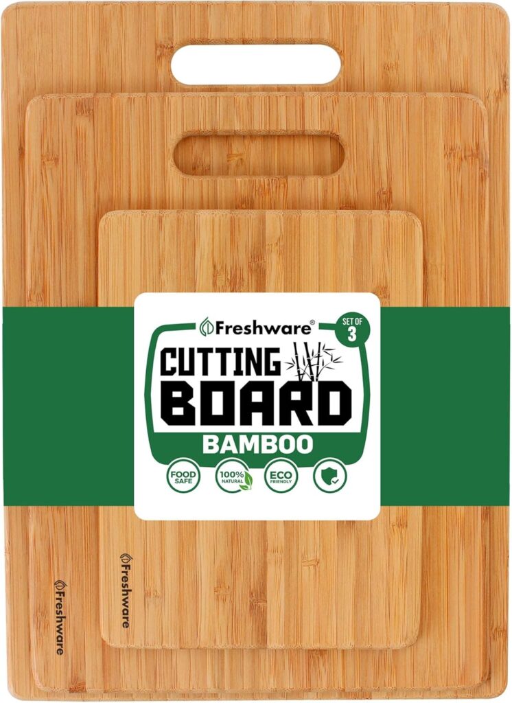 Bamboo Cutting Boards for Kitchen [Set of 3] Wood Cutting Board for Chopping Meat, Vegetables, Fruits, Cheese, Knife Friendly Serving Tray with Handles
