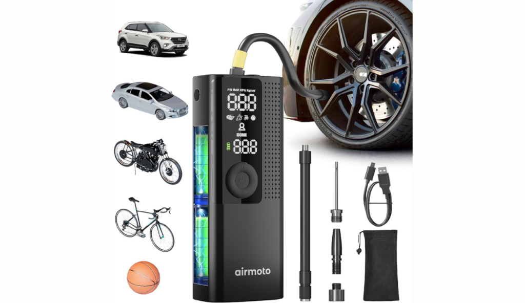Airmoto Tire Inflator Portable Air Compressor - Air Pump for Car Tires with Digital Pressure Gauge, LED Light and Auto Shut-Off Function